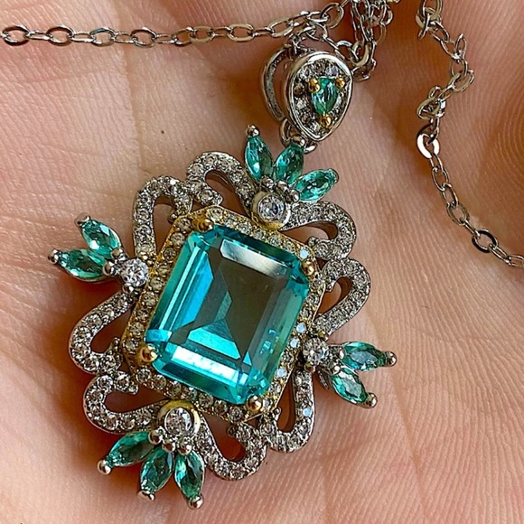 Blue Topaz Diamond Zircon Sterling Silver Statement Necklace - Picture 3 of 11